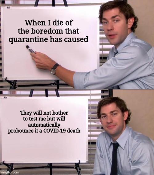 Jim Halpert Explains | When I die of the boredom that quarantine has caused; They will not bother to test me but will automatically probounce it a COVID-19 death | image tagged in jim halpert explains | made w/ Imgflip meme maker