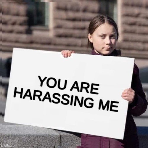 Just make things up. | YOU ARE HARASSING ME | image tagged in greta thunberg,no regrets,fantasy | made w/ Imgflip meme maker