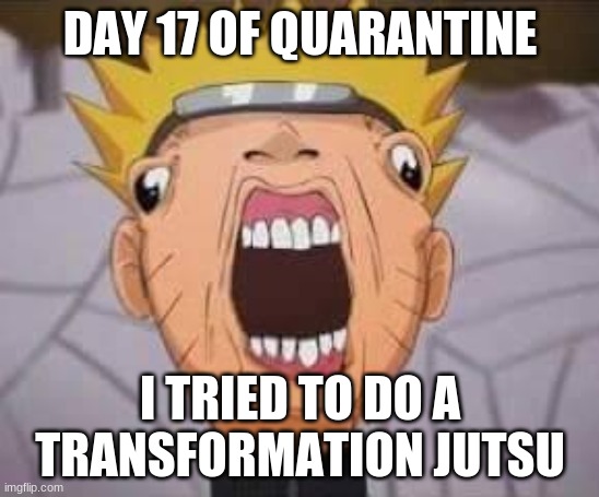 Naruto joke | DAY 17 OF QUARANTINE; I TRIED TO DO A TRANSFORMATION JUTSU | image tagged in naruto joke | made w/ Imgflip meme maker