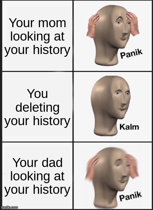 Panik Kalm Panik | Your mom looking at your history; You deleting your history; Your dad looking at your history | image tagged in memes,panik kalm panik | made w/ Imgflip meme maker