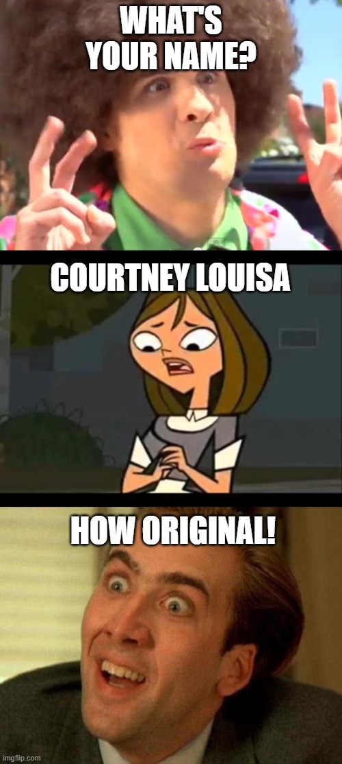 WHAT'S YOUR NAME? COURTNEY LOUISA; HOW ORIGINAL! | image tagged in memes,sarcastic anthony,nicolas cage,concerned courtney,nick cage,nicholas cage | made w/ Imgflip meme maker