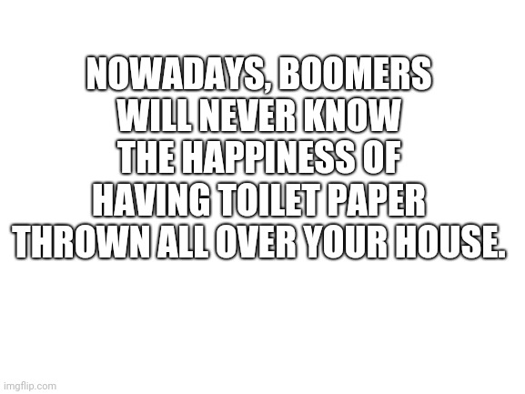 Boomers Won't Understand Gen Z | NOWADAYS, BOOMERS WILL NEVER KNOW THE HAPPINESS OF HAVING TOILET PAPER THROWN ALL OVER YOUR HOUSE. | image tagged in blank white template | made w/ Imgflip meme maker