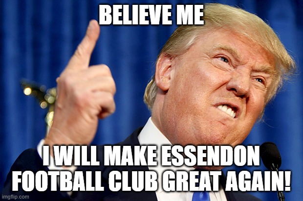Donald Trump | BELIEVE ME; I WILL MAKE ESSENDON FOOTBALL CLUB GREAT AGAIN! | image tagged in donald trump,afl,football,aussie,sports | made w/ Imgflip meme maker