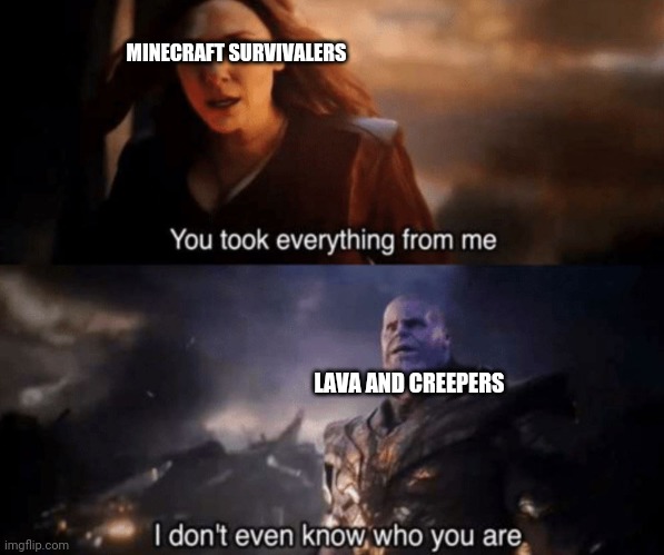 You took everything from me - I don't even know who you are | MINECRAFT SURVIVALERS; LAVA AND CREEPERS | image tagged in you took everything from me - i don't even know who you are | made w/ Imgflip meme maker