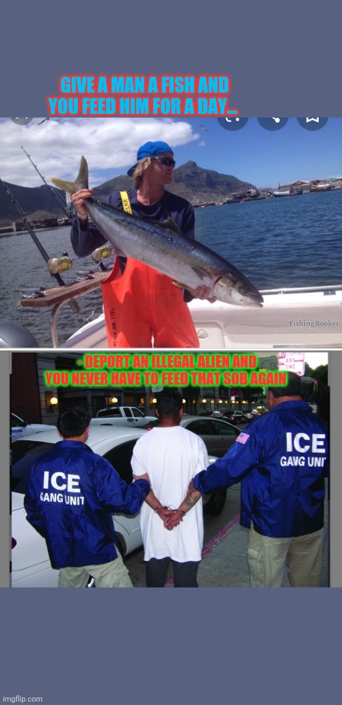 Thank God for President Trump | GIVE A MAN A FISH AND YOU FEED HIM FOR A DAY... - DEPORT AN ILLEGAL ALIEN AND YOU NEVER HAVE TO FEED THAT SOB AGAIN | image tagged in illegal aliens,mexican gang members,liberal hypocrisy,suck it,illegal immigrants,criminals | made w/ Imgflip meme maker