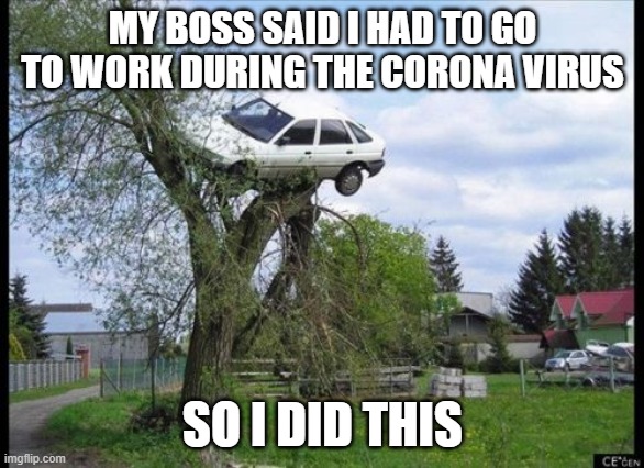 Secure Parking Meme | MY BOSS SAID I HAD TO GO TO WORK DURING THE CORONA VIRUS; SO I DID THIS | image tagged in memes,secure parking | made w/ Imgflip meme maker