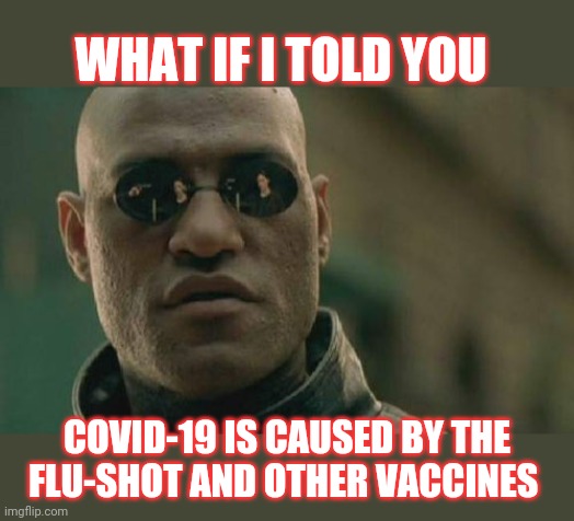 Another huge conspiracy and cover-up | WHAT IF I TOLD YOU; COVID-19 IS CAUSED BY THE FLU-SHOT AND OTHER VACCINES | image tagged in memes,matrix morpheus,government corruption,secrets,deep state,the killers | made w/ Imgflip meme maker