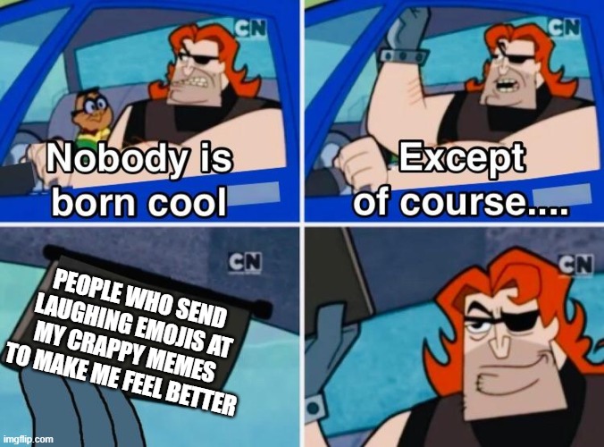 Nobody is born cool | PEOPLE WHO SEND LAUGHING EMOJIS AT MY CRAPPY MEMES  TO MAKE ME FEEL BETTER | image tagged in nobody is born cool | made w/ Imgflip meme maker