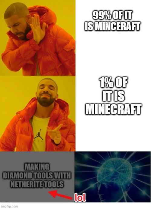 99% OF IT IS MINCERAFT 1% OF IT IS MINECRAFT | image tagged in memes,drake hotline bling | made w/ Imgflip meme maker