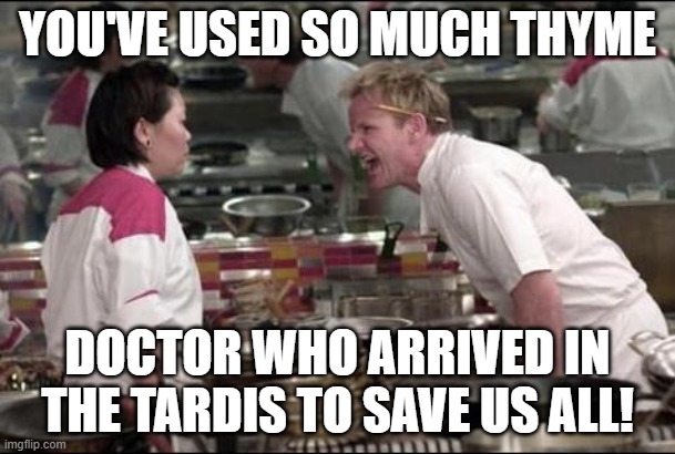 Angry Chef Gordon Ramsay Meme | YOU'VE USED SO MUCH THYME; DOCTOR WHO ARRIVED IN THE TARDIS TO SAVE US ALL! | image tagged in memes,angry chef gordon ramsay | made w/ Imgflip meme maker