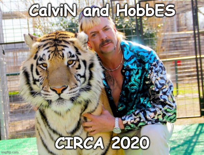 Calvin and Hobbes Tiger King | CalviN and HobbES; CIRCA 2020 | image tagged in tiger king,tiger,carol baskin | made w/ Imgflip meme maker