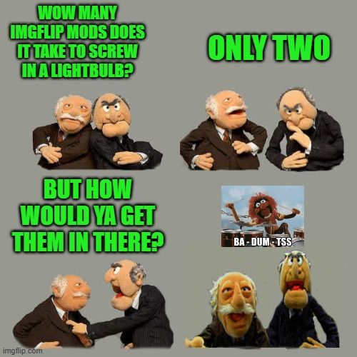 how many? | WOW MANY IMGFLIP MODS DOES IT TAKE TO SCREW IN A LIGHTBULB? ONLY TWO; BUT HOW WOULD YA GET THEM IN THERE? | image tagged in imgflip mods,lightbulb,funny,muppets | made w/ Imgflip meme maker