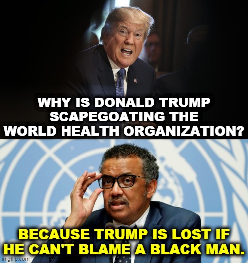 Is our President racist? All the racists voted for him. | WHY IS DONALD TRUMP SCAPEGOATING THE WORLD HEALTH ORGANIZATION? BECAUSE TRUMP IS LOST IF HE CAN'T BLAME A BLACK MAN. | image tagged in trump angry shouting with teeth,trump,incompetent,blame,african | made w/ Imgflip meme maker
