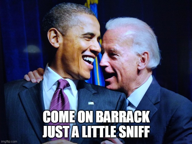 Creepy joe the sniffer | COME ON BARRACK JUST A LITTLE SNIFF | image tagged in biden,obama,social distance,2020 election,creepy joe,hypocrisy | made w/ Imgflip meme maker