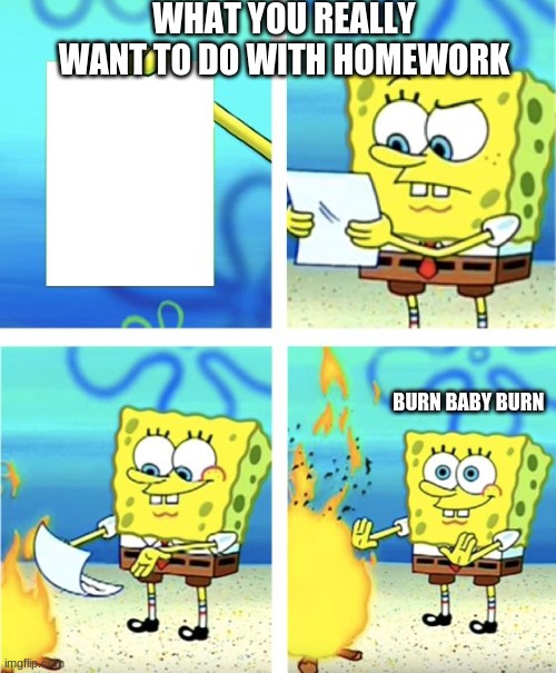 spongebob | WHAT YOU REALLY WANT TO DO WITH HOMEWORK; BURN BABY BURN | image tagged in spongebob burning paper | made w/ Imgflip meme maker