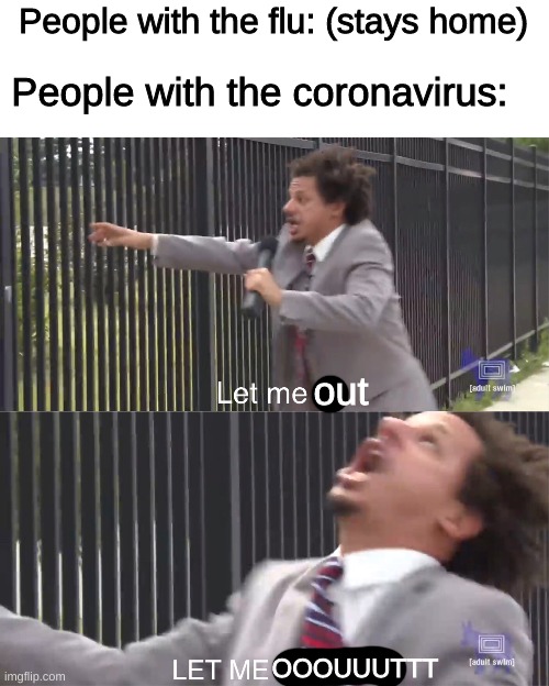 let me out | People with the flu: (stays home); People with the coronavirus:; out; OOOUUUTTT | image tagged in let me in,flu,coronavirus,let me out,home | made w/ Imgflip meme maker