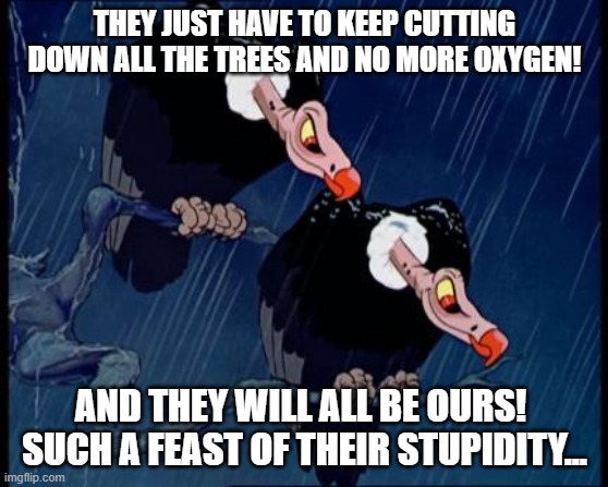 Disney Cartoon Vulture | THEY JUST HAVE TO KEEP CUTTING DOWN ALL THE TREES AND NO MORE OXYGEN! AND THEY WILL ALL BE OURS!  SUCH A FEAST OF THEIR STUPIDITY... | image tagged in disney cartoon vulture | made w/ Imgflip meme maker