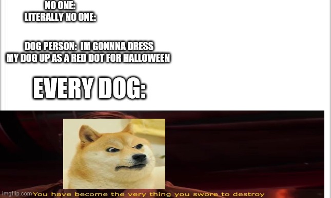 [ insert cappy pun about laser pointer  here] | NO ONE:



LITERALLY NO ONE:; DOG PERSON:  IM GONNNA DRESS MY DOG UP AS A RED DOT FOR HALLOWEEN; EVERY DOG: | image tagged in white background | made w/ Imgflip meme maker