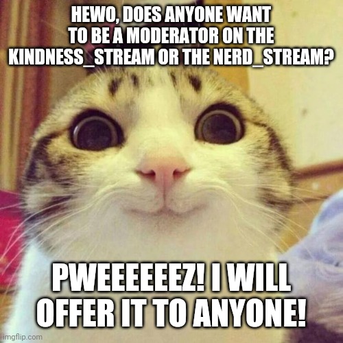 Smiling Cat Meme | HEWO, DOES ANYONE WANT TO BE A MODERATOR ON THE KINDNESS_STREAM OR THE NERD_STREAM? PWEEEEEEZ! I WILL OFFER IT TO ANYONE! | image tagged in memes,smiling cat | made w/ Imgflip meme maker