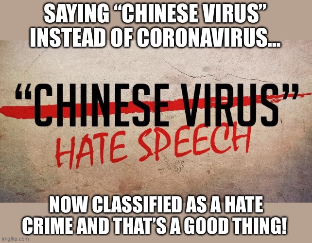 China Virus is Hate Speech | SAYING “CHINESE VIRUS” INSTEAD OF CORONAVIRUS…; NOW CLASSIFIED AS A HATE CRIME AND THAT’S A GOOD THING! | image tagged in china,coronavirus,corona virus,hate speech,hate | made w/ Imgflip meme maker