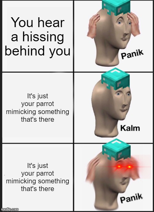 Panik Kalm Panik Meme | You hear a hissing behind you; It's just your parrot mimicking something that's there; It's just your parrot mimicking something that's there | image tagged in memes,panik kalm panik | made w/ Imgflip meme maker