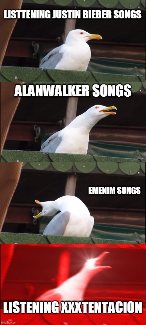 Inhaling Seagull | LISTTENING JUSTIN BIEBER SONGS; ALANWALKER SONGS; EMENIM SONGS; LISTENING XXXTENTACION | image tagged in memes,inhaling seagull | made w/ Imgflip meme maker