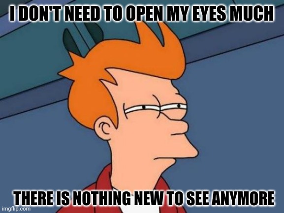 Futurama Fry | I DON'T NEED TO OPEN MY EYES MUCH; THERE IS NOTHING NEW TO SEE ANYMORE | image tagged in memes,futurama fry | made w/ Imgflip meme maker
