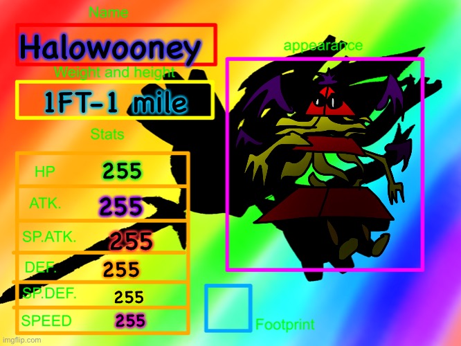 And those are the base stats- | Halowooney; 1FT-1 mile; 255; 255; 255; 255; 255; 255 | image tagged in pokeprofile for eterna-animatior | made w/ Imgflip meme maker