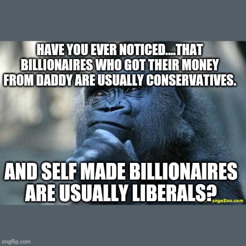 Billionaires | HAVE YOU EVER NOTICED....THAT BILLIONAIRES WHO GOT THEIR MONEY FROM DADDY ARE USUALLY CONSERVATIVES. AND SELF MADE BILLIONAIRES ARE USUALLY LIBERALS? | image tagged in liberals,conservatives,liberal vs conservative,bill gates,jeff bezos | made w/ Imgflip meme maker