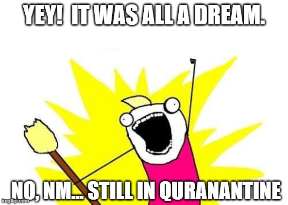 Quarantine Dream | YEY!  IT WAS ALL A DREAM. NO, NM... STILL IN QURANANTINE | image tagged in memes,x all the y,quarantine,covid-19,corona virus,stay home | made w/ Imgflip meme maker