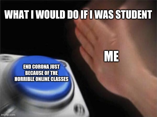 Blank Nut Button | WHAT I WOULD DO IF I WAS STUDENT; ME; END CORONA JUST BECAUSE OF THE HORRIBLE ONLINE CLASSES | image tagged in memes,blank nut button | made w/ Imgflip meme maker