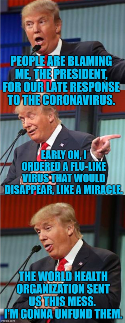 Bad Pun Trump | PEOPLE ARE BLAMING ME, THE PRESIDENT, FOR OUR LATE RESPONSE TO THE CORONAVIRUS. EARLY ON, I ORDERED A FLU-LIKE VIRUS THAT WOULD DISAPPEAR, LIKE A MIRACLE. THE WORLD HEALTH ORGANIZATION SENT US THIS MESS.  I'M GONNA UNFUND THEM. | image tagged in bad pun trump | made w/ Imgflip meme maker
