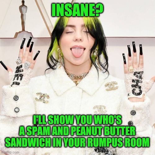 INSANE? I'LL SHOW YOU WHO'S A SPAM AND PEANUT BUTTER SANDWICH IN YOUR RUMPUS ROOM | made w/ Imgflip meme maker