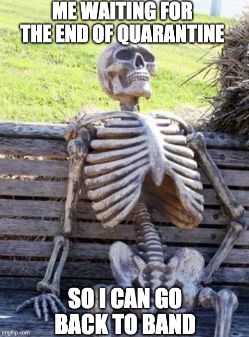 Waiting Skeleton | ME WAITING FOR THE END OF QUARANTINE; SO I CAN GO BACK TO BAND | image tagged in memes,waiting skeleton | made w/ Imgflip meme maker