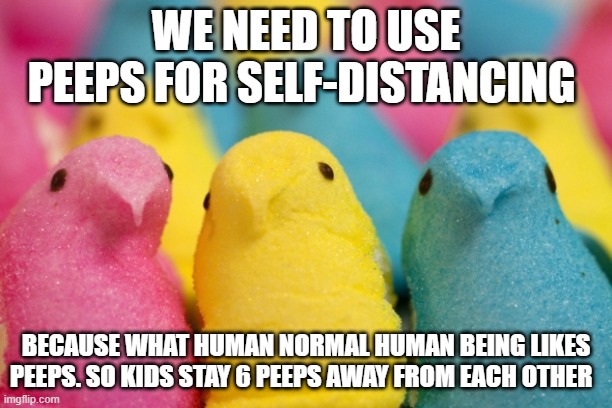 Peeps | WE NEED TO USE PEEPS FOR SELF-DISTANCING; BECAUSE WHAT HUMAN NORMAL HUMAN BEING LIKES PEEPS. SO KIDS STAY 6 PEEPS AWAY FROM EACH OTHER | image tagged in peeps | made w/ Imgflip meme maker