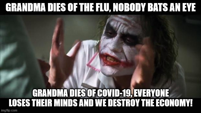 And everybody loses their minds | GRANDMA DIES OF THE FLU, NOBODY BATS AN EYE; GRANDMA DIES OF COVID-19, EVERYONE LOSES THEIR MINDS AND WE DESTROY THE ECONOMY! | image tagged in memes,and everybody loses their minds | made w/ Imgflip meme maker