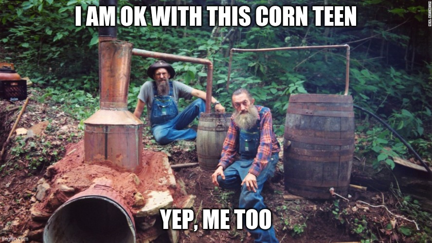 Make the best corn teen | I AM OK WITH THIS CORN TEEN; YEP, ME TOO | image tagged in moonshine,corn teen,make the best of it,enjoy your freedom,social distancing,hand me the jug | made w/ Imgflip meme maker