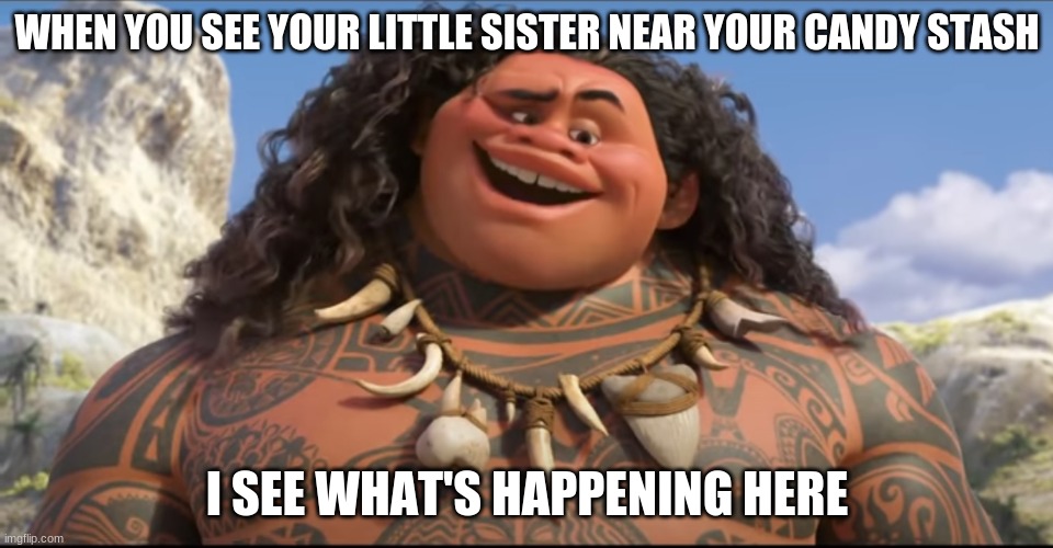WHEN YOU SEE YOUR LITTLE SISTER NEAR YOUR CANDY STASH; I SEE WHAT'S HAPPENING HERE | image tagged in maui | made w/ Imgflip meme maker