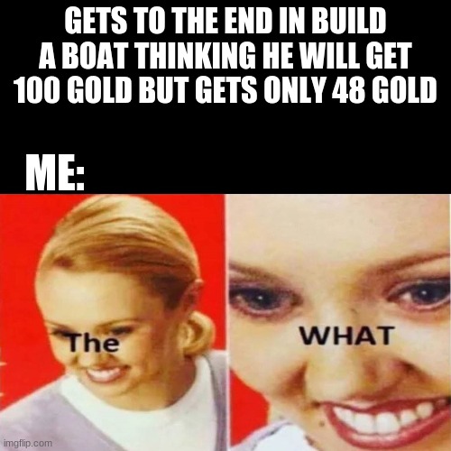 GETS TO THE END IN BUILD A BOAT THINKING HE WILL GET 100 GOLD BUT GETS ONLY 48 GOLD; ME: | image tagged in the what | made w/ Imgflip meme maker