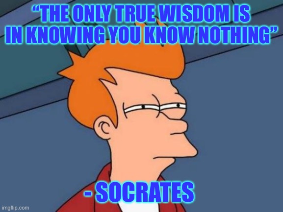 Futurama Fry | “THE ONLY TRUE WISDOM IS IN KNOWING YOU KNOW NOTHING”; - SOCRATES | image tagged in memes,futurama fry | made w/ Imgflip meme maker