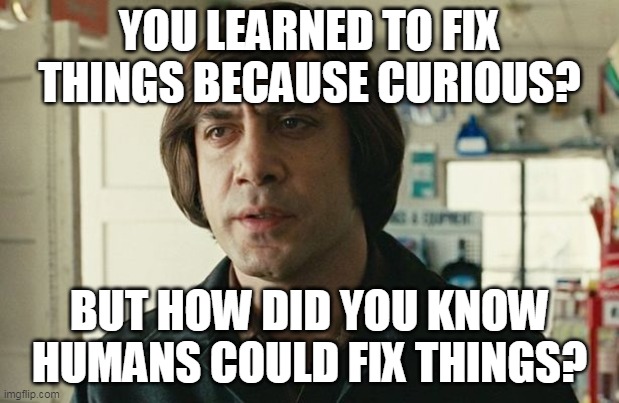 No country for old men - Anton Chigurh  | YOU LEARNED TO FIX THINGS BECAUSE CURIOUS? BUT HOW DID YOU KNOW HUMANS COULD FIX THINGS? | image tagged in no country for old men - anton chigurh | made w/ Imgflip meme maker