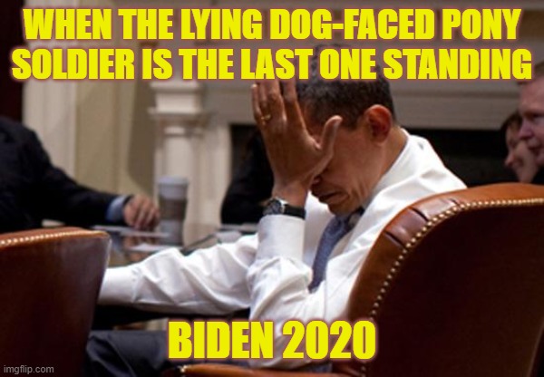 Obama Face Palm | WHEN THE LYING DOG-FACED PONY SOLDIER IS THE LAST ONE STANDING; BIDEN 2020 | image tagged in obama face palm | made w/ Imgflip meme maker