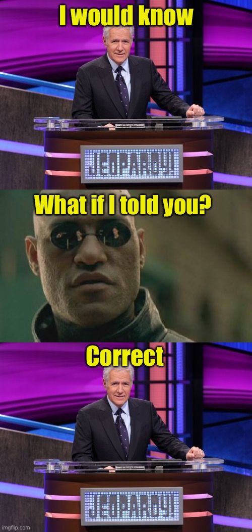 Morpheus plays Jeopardy | I would know; What if I told you? Correct | image tagged in memes,matrix morpheus,alex trebek jeopardy | made w/ Imgflip meme maker