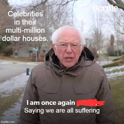 The celebrities are suffering too. | Celebrities in their multi-million dollar houses. Saying we are all suffering | image tagged in memes,bernie i am once again asking for your support | made w/ Imgflip meme maker