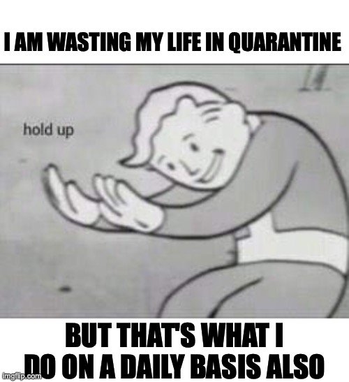 Fallout Hold Up | I AM WASTING MY LIFE IN QUARANTINE; BUT THAT'S WHAT I DO ON A DAILY BASIS ALSO | image tagged in fallout hold up | made w/ Imgflip meme maker