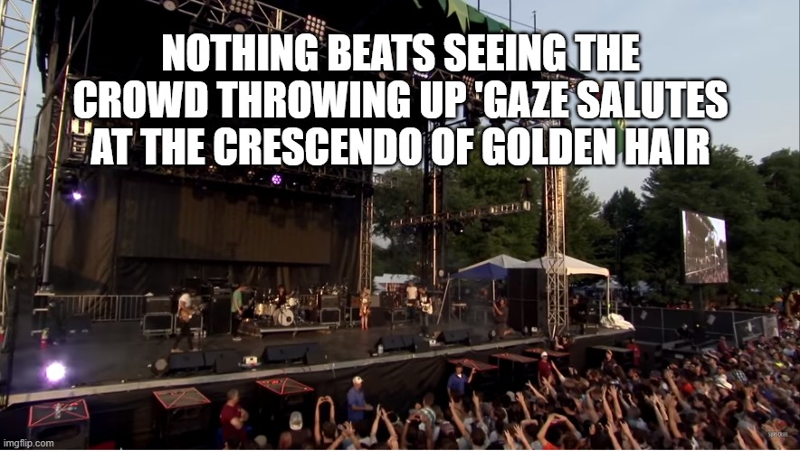 Shoegaze passion | NOTHING BEATS SEEING THE CROWD THROWING UP 'GAZE SALUTES AT THE CRESCENDO OF GOLDEN HAIR | image tagged in shoegaze,slowdive,shoegazers,live gig,live show,music | made w/ Imgflip meme maker