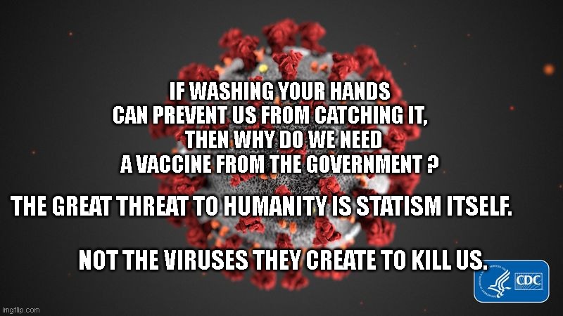 Covid 19 | IF WASHING YOUR HANDS CAN PREVENT US FROM CATCHING IT,     
  THEN WHY DO WE NEED A VACCINE FROM THE GOVERNMENT ? THE GREAT THREAT TO HUMANITY IS STATISM ITSELF.                                                    
             NOT THE VIRUSES THEY CREATE TO KILL US. | image tagged in covid 19 | made w/ Imgflip meme maker