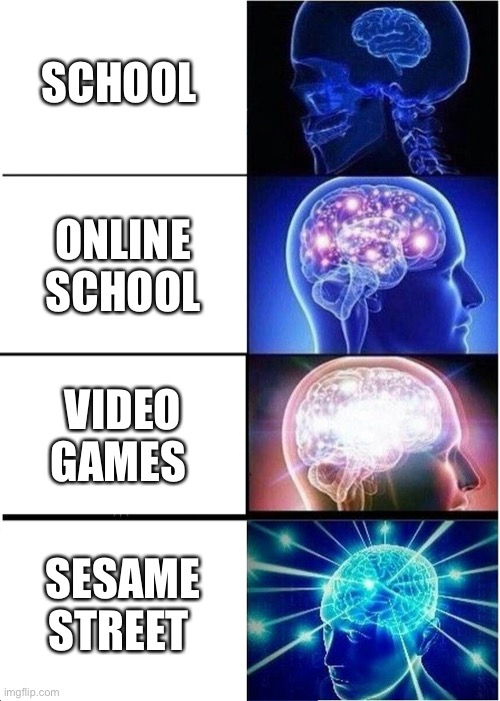 Expanding Brain | SCHOOL; ONLINE SCHOOL; VIDEO GAMES; SESAME STREET | image tagged in memes,expanding brain | made w/ Imgflip meme maker
