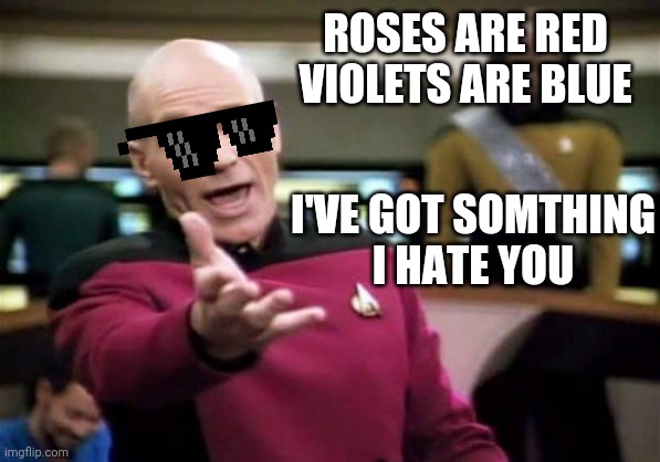 Picard Wtf | ROSES ARE RED
VIOLETS ARE BLUE; I'VE GOT SOMTHING
I HATE YOU | image tagged in memes,picard wtf | made w/ Imgflip meme maker
