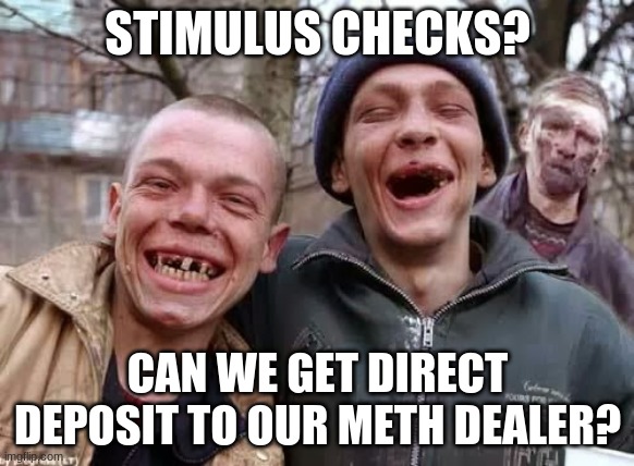 Hillbilly | STIMULUS CHECKS? CAN WE GET DIRECT DEPOSIT TO OUR METH DEALER? | image tagged in hillbilly | made w/ Imgflip meme maker